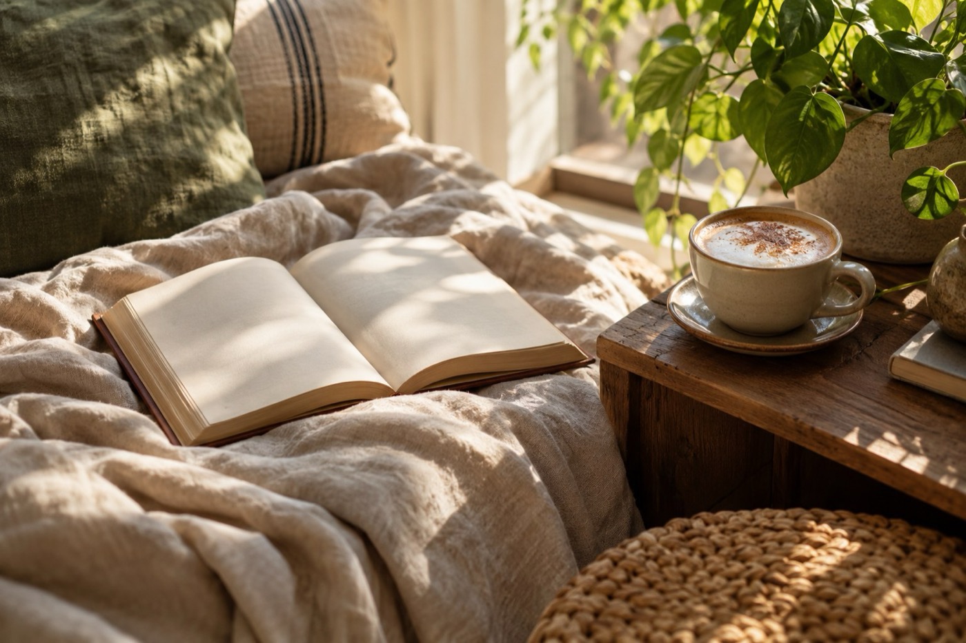 Un livre ouvert sur un plaid, une tasse de café à côté